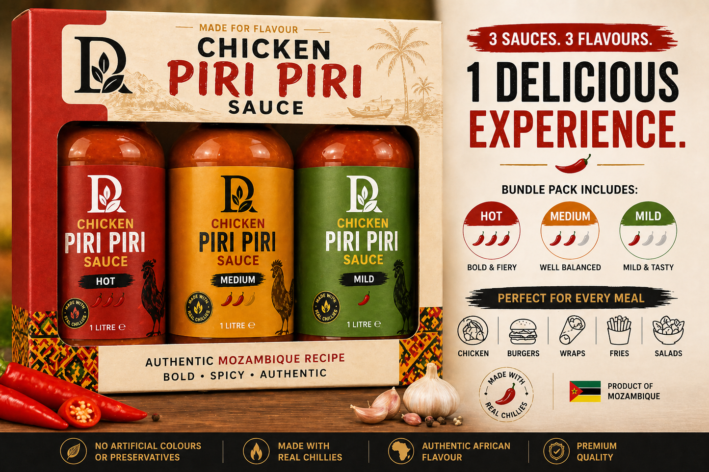 Chicken Piri Piri Sauce Bundle – Hot, Medium & Mild (3 x 1 Litre) | Product of Mozambique